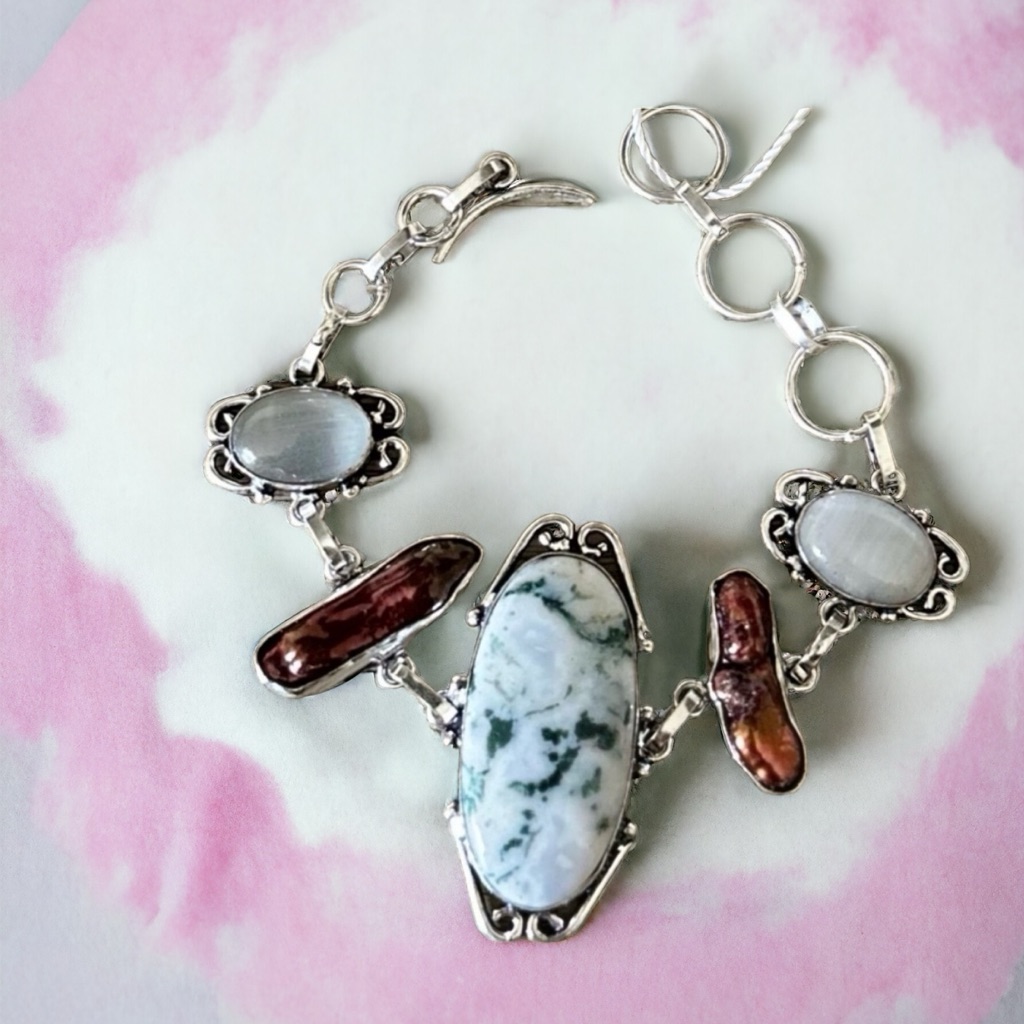 Tree Agate Biwa Pearl Handmade Gemstone Bracelet 925 Silver Overlay 26$